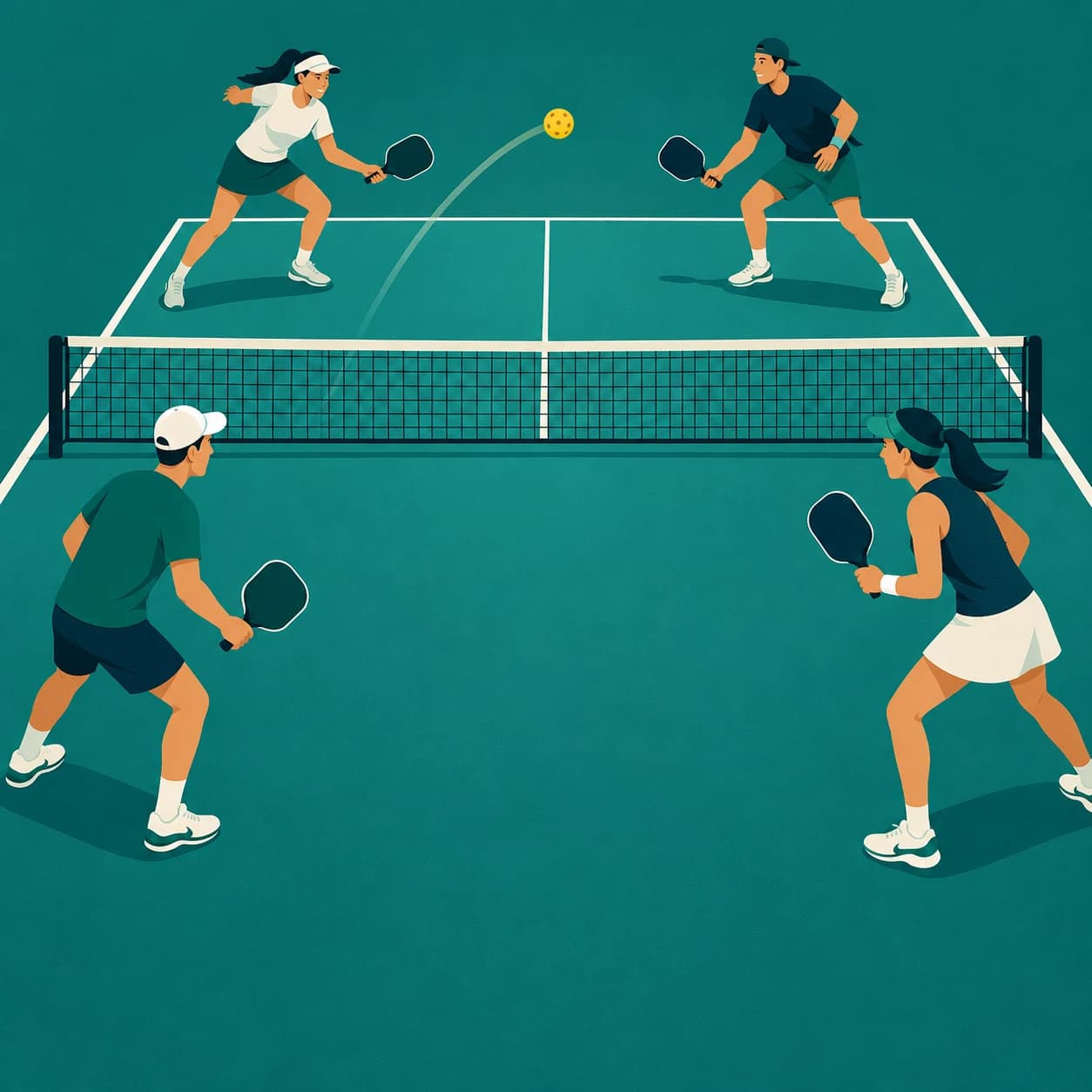 Cuatro personas jugando un partido de pickleball por parejas